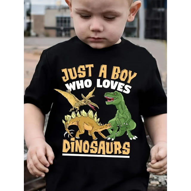 1pc Preppy "Just a Boy Who Loves Dinosaurs" Print T-Shirt for Boys - Polyester Crew Neck Short Sleeve Tee with Animal Pattern - Casual Knit Fabric Top for Spring/Summer - Regular Fit with Mediu