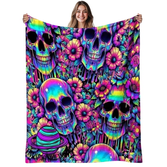 1pc Psychedelic Rainbow Skull & 60s Pop Art Flannel Blanket - 280gsm Heavyweight Soft Warm Vibrant Multicolor Gothic Bohemian Decor with Retro Inspired Design