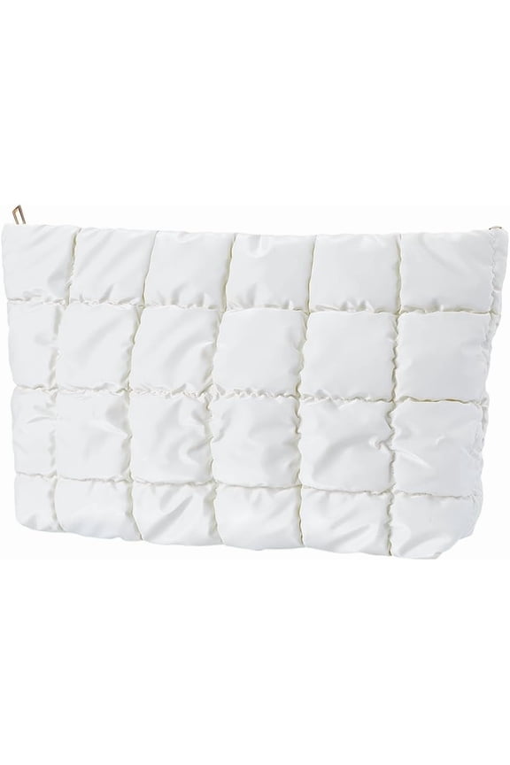 1pc Puffy Makeup Bag Cosmetic Bag Leather Travel Make Up Bag Toiletry Bag Pouch Purse Lightweight Portable Washable Large Capacity Storage Organizer with Zipper for Women 10.4x5.9 Inch White