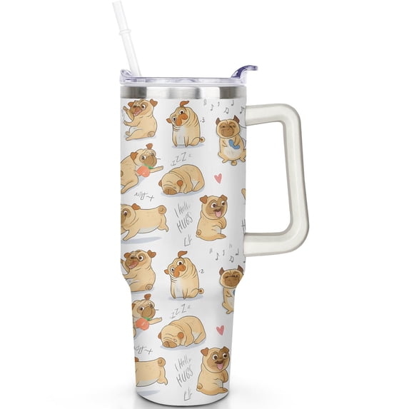 1pc Pug 40oz Tumbler with Straw & Handle - Insulated Stainless Steel Cup | Holiday Gift for Man Women (Christmas, Valentine's, Birthday)
