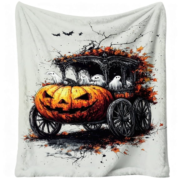 1pc Pumpkin Carriage & Ghosts Flannel Blanket - Soft Warm 280gsm Heavyweight All-Season Cozy Throw, Spooky Halloween & Fall Decor