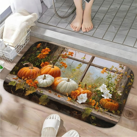 1pc Pumpkins by the Window Absorbent Non-Slip Bathroom Thickened Flannel Rug Decor,Soft,Quick Drying,Suitable For Indoor/outdoor Use,Bathrooms,Bedrooms,Kitchens,Terrace,Laundry Rooms,16"x24"
