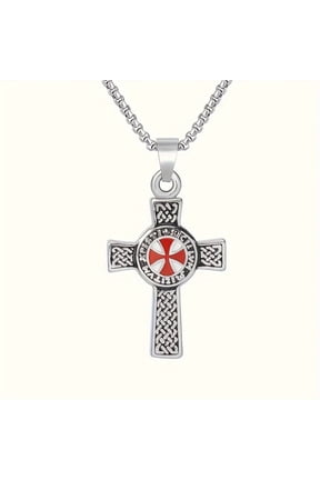 1pc Punk Red Cross Expedition Templar Cross Pendant Necklace Men Amulet Accessories Jewelry Gift,Silvery