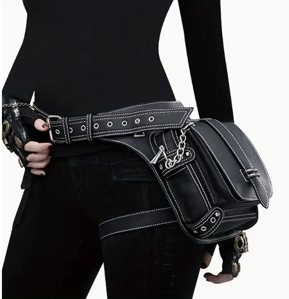 1pc Punk Vintage Waist Bag PU Leather Motorcycle Fanny Pack With Leg Strap