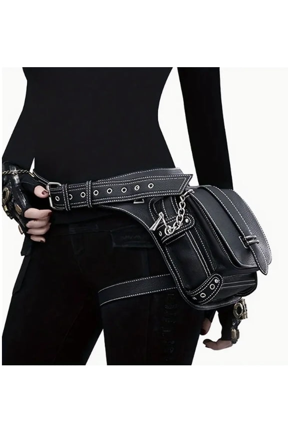 1pc Punk Vintage Waist Bag PU Leather Motorcycle Fanny Pack With Leg Strap