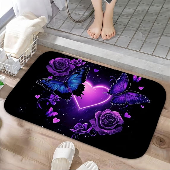 1pc Purple Butterflies Roses and Absorbent Non-Slip Bathroom Thickened Flannel Rug Decor,Soft,Quick Drying,Suitable For Indoor/outdoor Use,Bathrooms,Bedrooms,Kitchens,Terrace,Laundry Rooms,16"x24"