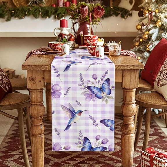 1pc Purple Gingham Lavender Butterfly 2D Table Runner, Kitchen Indoor Outdoor Party Decor, Hostess Holiday Gift Christmas Thanksgiving