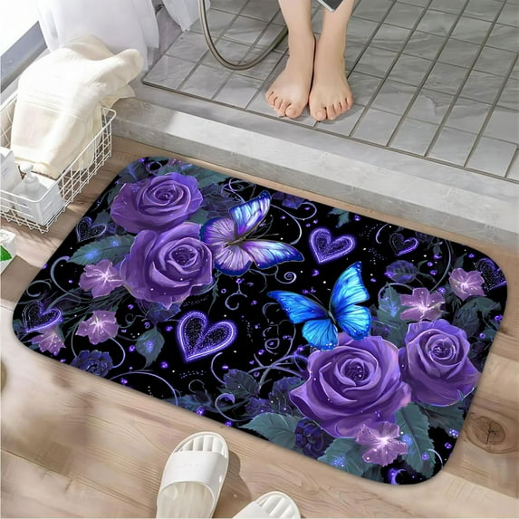 1pc Purple Roses Butterflies Absorbent Non-Slip Bathroom Thickened Flannel Rug Decor,Soft,Quick Drying,Suitable For Indoor/outdoor Use,Bathrooms,Bedrooms,Kitchens,Terrace,Laundry Rooms,16"x24"