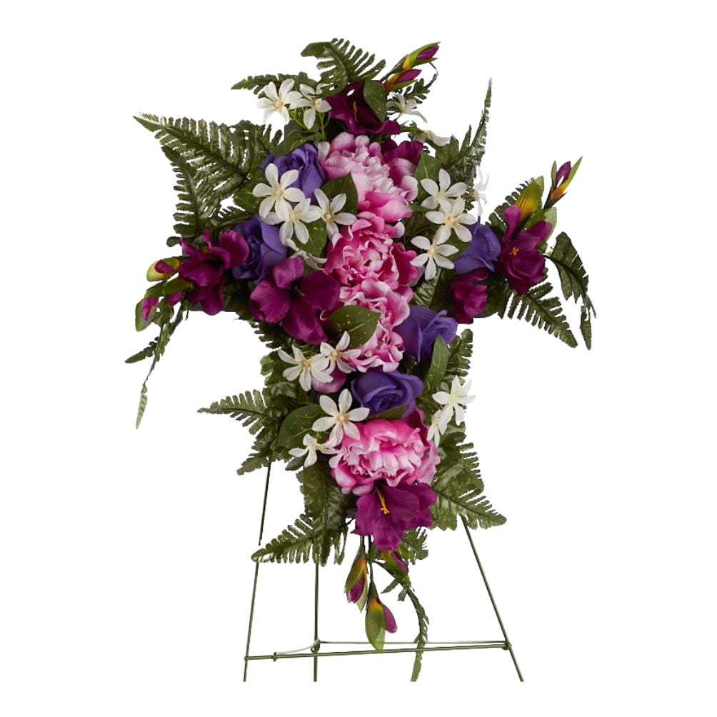 1pc Purple Silk Flower Cross with Easel for Funerals and Memorial