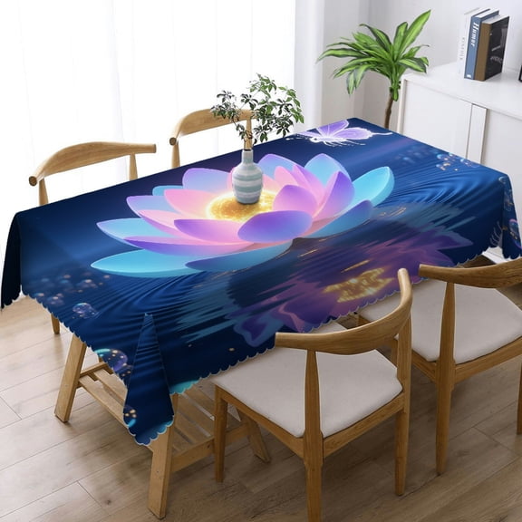 1pc Purple Water Lily and Dragonfly Print Rectangular Tablecloth, Holiday Party Tablecloth Machine-Made, Purple Water Lily and Dragonfly