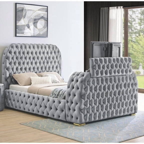 1pc Queen Bed Boasting Modern Design, Built-in Electric Fireplace & Tufted Headboard