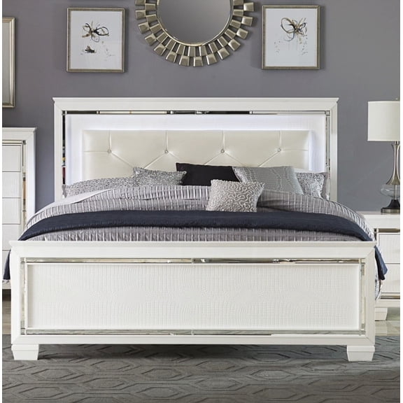 1pc Queen Bed with Glamorous Design & White Finish, including Button-Tufted LED Headboard & Faux Alligator Panels
