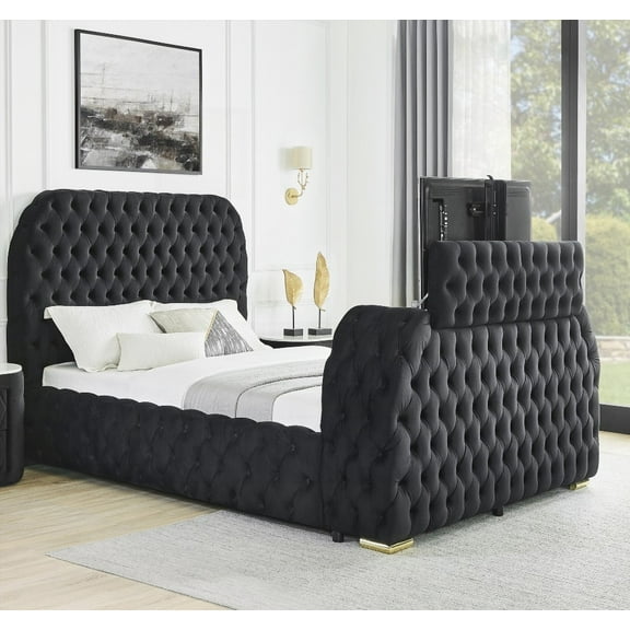 1pc Queen-Size Bed Featuring Black Velvet, Deep Tufting & Built-in Electric Fireplace