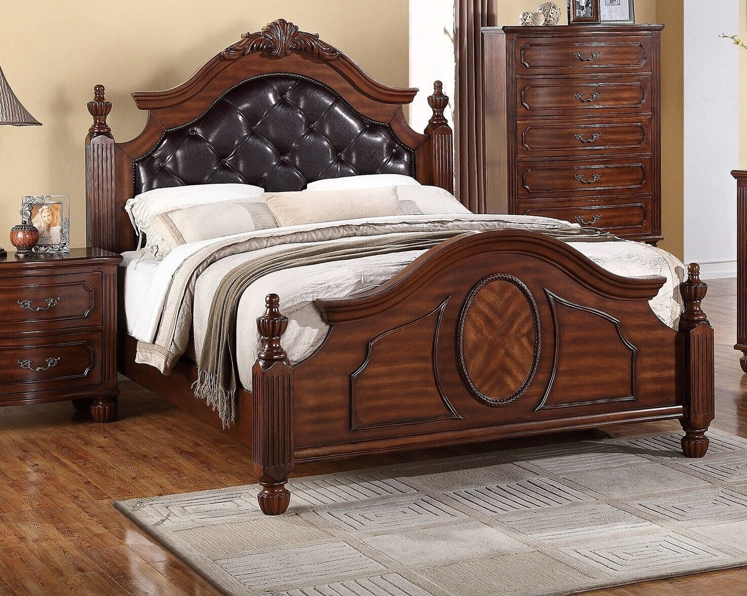 https://i5.walmartimages.com/seo/1pc-Queen-Size-Bed-Four-Posts-Faux-Leather-Tufted-Headboard-Footboard-Brown-Cherry-Finish-Unique-Bedframe-Bedroom-Furniture_4a00a79b-0047-4b30-b4f4-2d6823af5da1.97ac16ea914c959052f83f57374d8ab9.jpeg