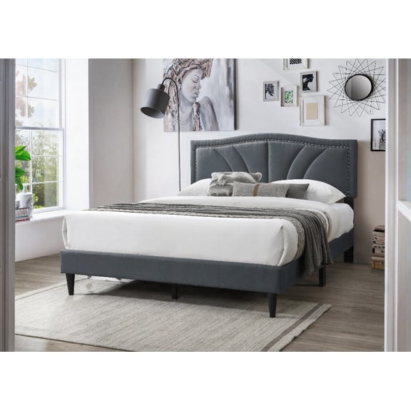 1pc Queen Size Bed in Modern Style, Charcoal Burlap Fabric, and Sloped Curve Headboard