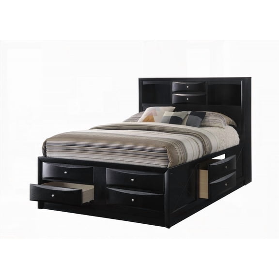 1pc Contemporary Queen Bed with Bookcase Headboard & 2 Deep Drawers on Sides, Solid Wood, Black Finish