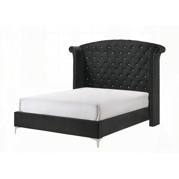 1pc Queen-Size Glam Upholstered Bed with Wing Back Headboard and Button Tufting