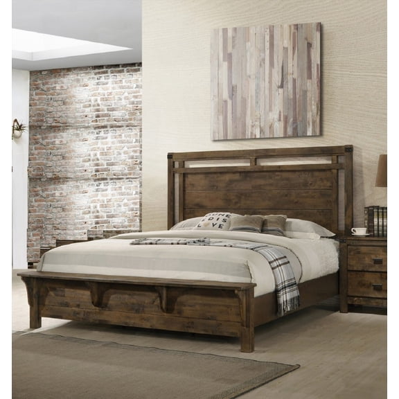1pc Queen Size Panel Bed in Rustic Brown Finish and Industrial Style, Solid Wood Bedroom Set