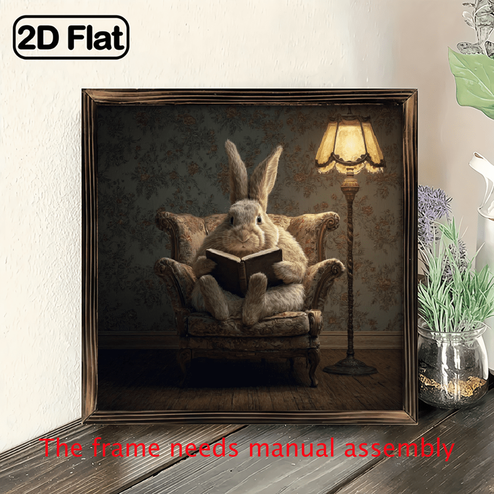 1pc, Rabbit Reading Charming Wooden Framed Sign Vintage Wall Art ...