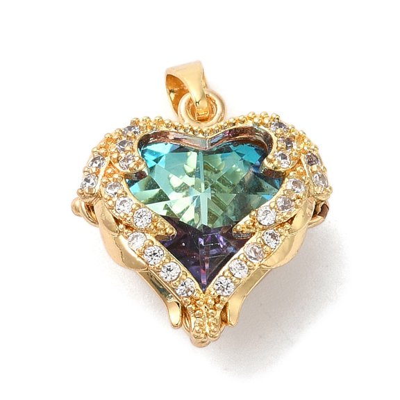 1pc Rack Plating Brass Micro Pave Cubic Zirconia Pendants with Glass Long-Lasting Plated Lead Free & Cadmium Free Heart Real 18K Gold Plated 16.5x15.5x7mm Hole: 5x2.5mm
