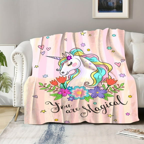 1pc Rainbow Cartoon Unicorn Pattern Blanket Creative Text Soft Blanket Flannel Blanket For Couch Sofa Office Bed Camping Travel, Multi-purpose Gift Blanket For All Season