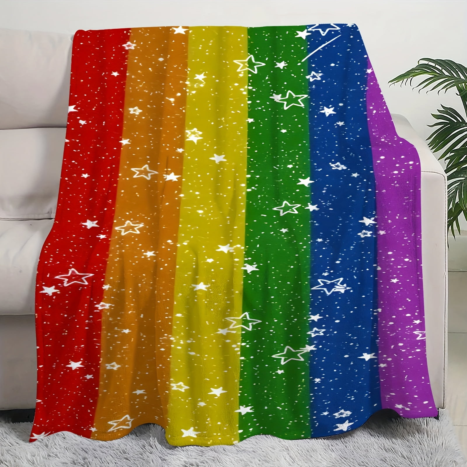 1pc Rainbow Pride Cozy Throw Blanket with Starry Night Design – Soft Polyester Knit, All-Season Comfort, Vibrant Rainbow Colors, Perfect for Home