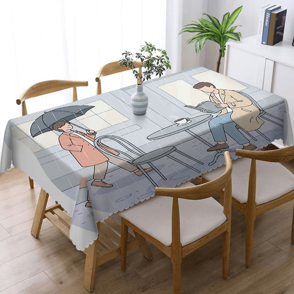 RKSupls Rainy City Cafe Life Print Rectangular Tablecloth with Lace Trim, Polyester Tablecloths, Rainy City Cafe Life