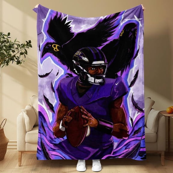 1pc Raven Football Team Flannel Blanket, All-Season Washable Digital Print Throw, Home Office Living Room Camping Blanket