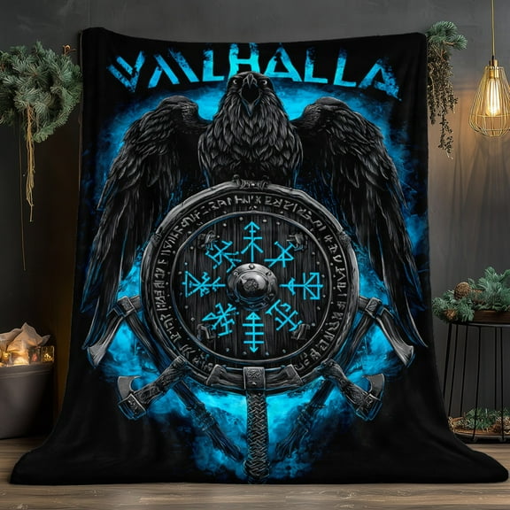 1pc Raven Valhalla Blue Viking Norse Mythology HD Printed Flannel Blanket All-Season Soft Warm Throw for Camping, Sofa, Bed | 3 Sizes (30x40in, 50x60in, 60x80in) | Ragnar Lothbrok Inspired Design wit