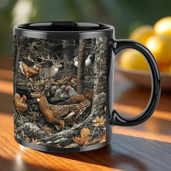 1pc Realistic Animal Print Black Mug 11oz Durable Ceramic Coffee Cup with Deer Chicken Forest Design Hot Cold Drinks Juice Milk Kitchen Holiday Gifts