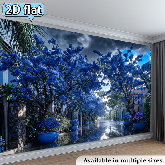1pc Realistic Jacaranda Tree Tapestry Wall Hanging - Horizontal Blooming Jacaranda Street Theme Banner with Horizontal Branches & Blooms, Suitable for Jacaranda Festival Decor, Party Background Cloth