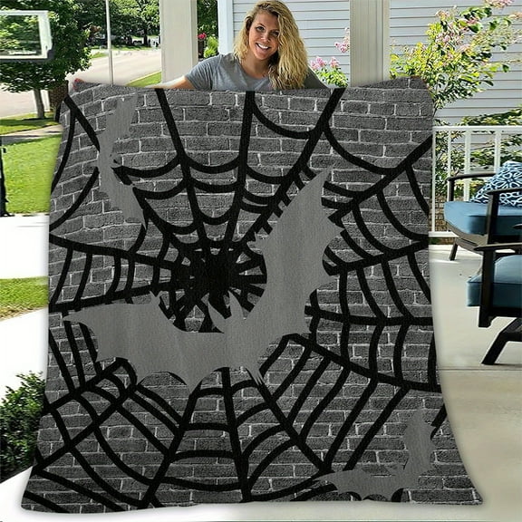1pc Realistic Spider Web & Bat Plush Flannel Throw Blanket - Black & Grey Gothic Bedspread with Cobweb & Bat Silhouettes, Ultra-Soft All-Season Bed Cover & s, Camping, Travel, (Halloween Party Access