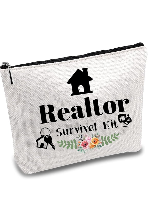 1pc Realtor Makeup Bag Real Estate Agent Survival Bag Polycotton Cosmetic Multi-Purpose Makeup Bag with Zipper Travel Work Pen Case Canvas Pouch Bags for Realtor Supplies Gifts 10 x 7 Inch