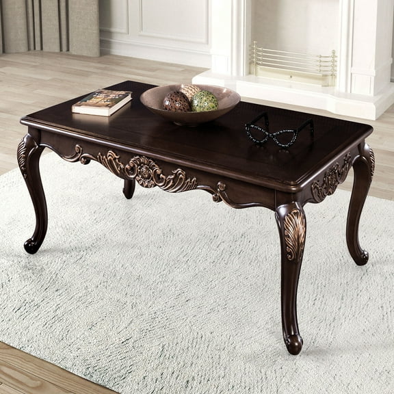 1pc Rectangle Coffee Table Traditional Style Curved Shape Legs Solid Wood Structure Carved Design With Gold Highlight Dark Cherry Finish