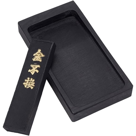 1pc Rectangle Natural Stone Inkstone for Grinding Ink with 1pc Ink Block Black 12x6.5x1.6cm