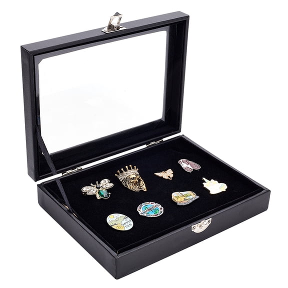 1pc Rectangle PU Leather Badge Storage Presentation Boxes Dustproof Medal Coin Case with Visible Window Black 15.5x20x4.55cm