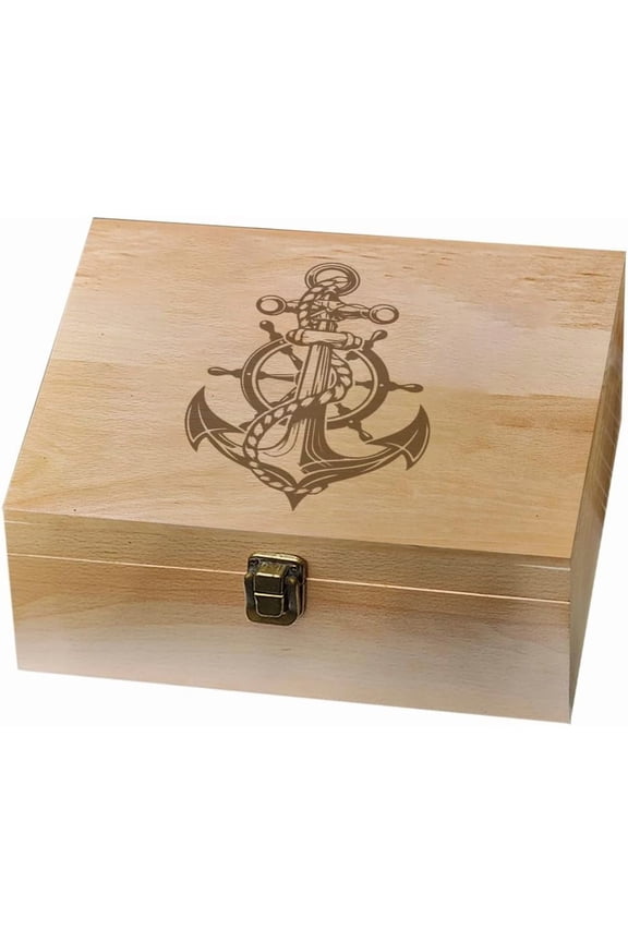 1pc Rectangle Wooden Memory Keepsake Boxes with Lids for Anniversary Wedding Memory Birthday Valentines Day Anchor & Helm 24.5x19.5x10.3cm