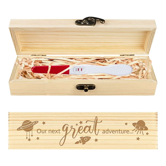 1pc Rectangle Wooden Pregnancy Test Keepsake box with Lock Baby Annouced Engraved Case for Grandparents Dad Aunt and Uncle Blanched Almond Planet 20x5x3cm