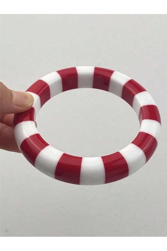 1pc Red And White Striped Resin Bangle Bracelet, Stylish Stacking Jewelry For Women