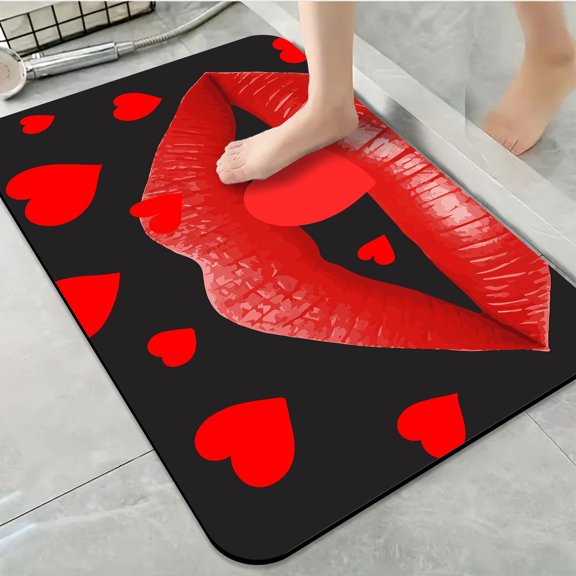 1pc Red Lips with Hearts Bathroom Rug Bathroom Decor and Accessories- Durable,Anti Slip,And Quick Drying,Suitable For Indoor/outdoor Use - Perfect For Bathrooms,Bedrooms,Kitchens