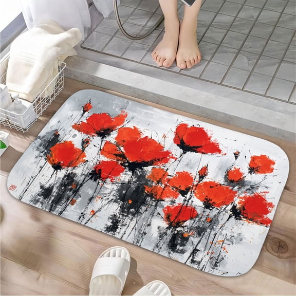 1pc Red Poppies in Gray Absorbent Non-Slip Bathroom Thickened Flannel Rug Decor,Soft,Quick Drying,Suitable For Indoor/outdoor Use,Bathrooms,Bedrooms,Kitchens,Terrace,Laundry Rooms,16"x24"