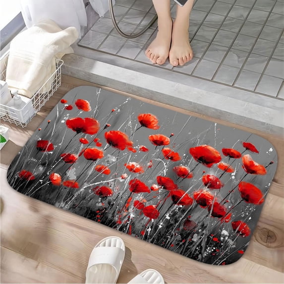 1pc Red Poppies in Grey Absorbent Non-Slip Bathroom Thickened Flannel Rug Decor,Soft,Quick Drying,Suitable For Indoor/outdoor Use,Bathrooms,Bedrooms,Kitchens,Terrace,Laundry Rooms,16"x24"