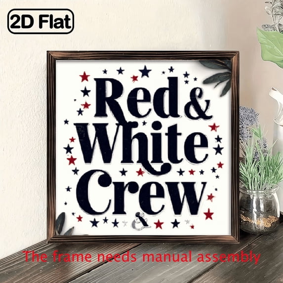 1pc Red White Blue Crew Vintage Framed Wooden Sign Rustic 8x8 Inch Wall Decor with Golden Accents, Star Design, Perfect for Kitchen, Bathroom, Bedroom, Office, Home Decor, Housewarming, Holiday