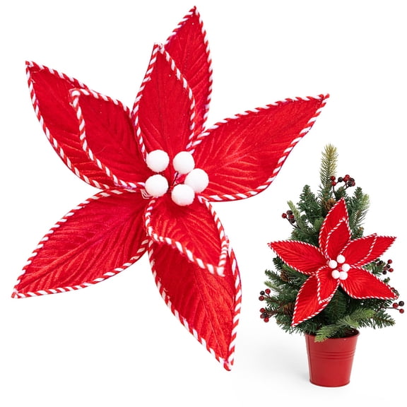 1pc Red White Candy Cane Christmas Poinsettia Flower Picks Artificial Floral Ornaments for Tree Wreath Garland Vase Decor 11.22 Inch