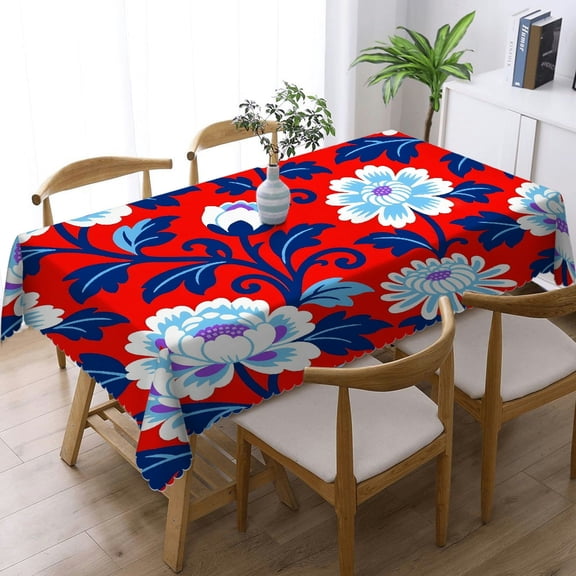 1pc Red and Blue Chinoiserie Floral Print Rectangular Tablecloth, Machine-Made Kitchen Accessories, Red and Blue Chinoiserie Floral