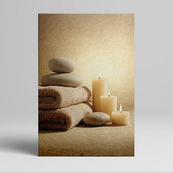 1pc Relaxing Spa - Inspired Canvas Wall Art with Stacked Stones, Folded Towels and Lit Candles on a Glittering Gold Background, Framed Decor room hanging Wall Picture Decor for Home Gifts,