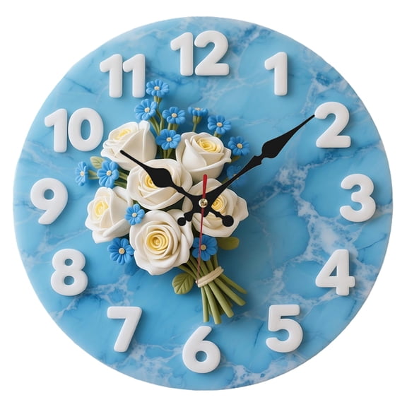 1pc Relief Style Wooden Silent Wall Clock - 10x10 Inch Round Floral Design with Blue Roses & Marbled Texture, Battery Operated (AA Not Included) for Home Office Gym Basement Decor, Teacher's Day Gradu