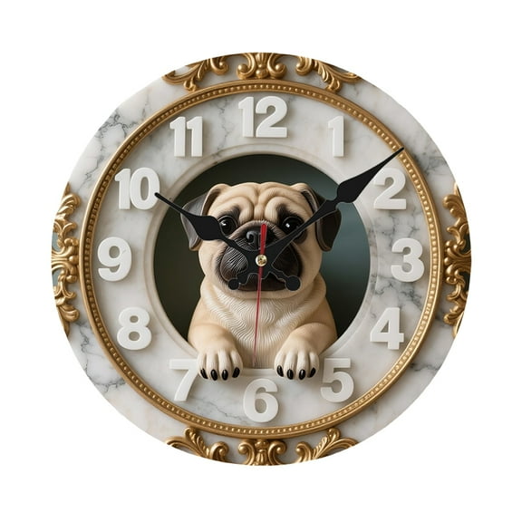 1pc Relief Style Wooden Silent Wall Clock with Cute Pug Dog Design - 10x10 Inch Round Marbled Texture, Battery Operated (AA Not Included) for Home, Cafe, Gym Decor - Perfect Gift for Teacher's Day, Gr