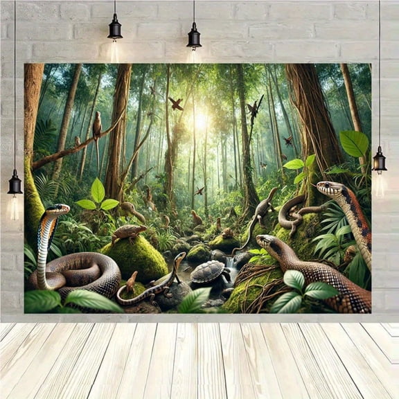 1pc Reptile-Themed Jungle Backdrop Wall Hanging Fabric Suitable for Home Decor, Parties, Photo Studio Props - Natural Forest Reptile with Lizards, Snakes,for Weddings,Themed Events,DÃa De Los Muertos