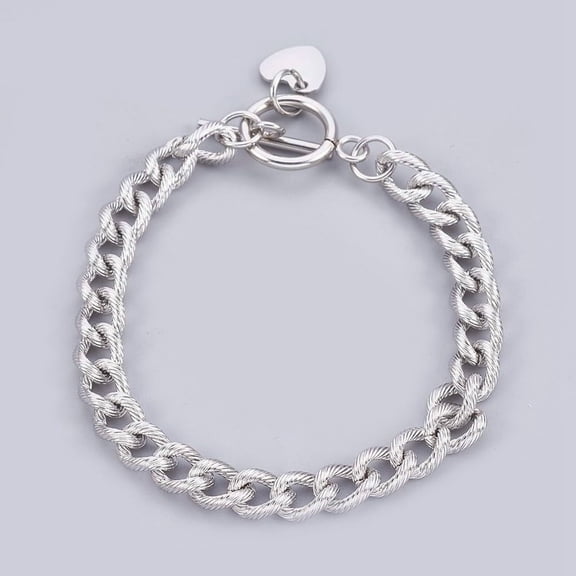 1pc Resistant 304 Stainless Steel Curb Chain Bracelets Textured with Toggle Clasps and Heart Shape Charm 7-1/2 inch(19cm) 7mm